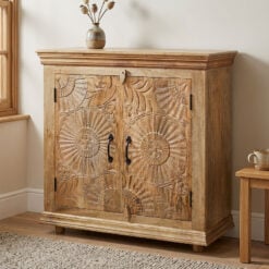 Boho Rustic Solid Carved Mango Wood 2 Door Small Sideboard Cabinet 91cm
