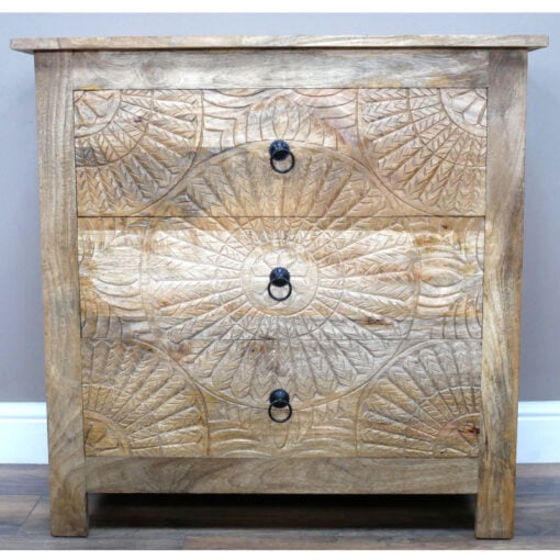 Boho Rustic Solid Carved Mango Wood 3 Drawer Chest Of Drawers 80cm