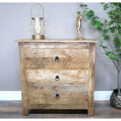 Boho Rustic Solid Carved Mango Wood 3 Drawer Chest Of Drawers 80cm