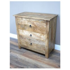 Boho Rustic Solid Carved Mango Wood 3 Drawer Bedside Cabinet 80cm