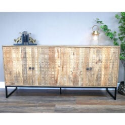 Boho Rustic Solid Carved Mango Wood And Black Metal Large Sideboard 168cm