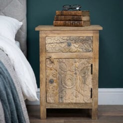 Boho Rustic Solid Light Carved Mango Wood 1 Drawer 1 Door Bedside Cabinet