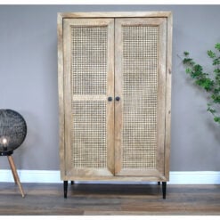 Boho Rustic Solid Light Mango Wood And Rattan Tall Storage Cabinet 152cm