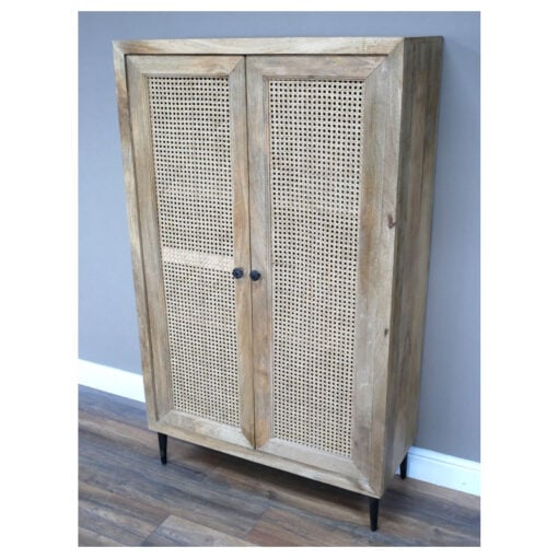 Boho Rustic Solid Light Mango Wood And Rattan Tall Storage Cabinet 152cm