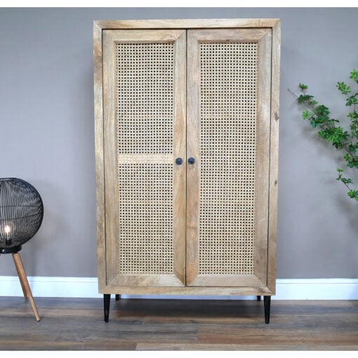 Boho Rustic Solid Light Mango Wood And Rattan Tall Storage Cabinet 152cm