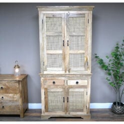 Boho Rustic Solid Light Mango Wood And Rattan Tall Storage Cabinet 211cm