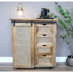 Boho Rustic Solid Mango Wood And Rattan 1 Door 4 Drawer Sideboard Storage Cabinet