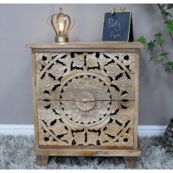 Boho Rustic Solid Mango Wood Mandala Carved 2 Drawer Bedside Cabinet