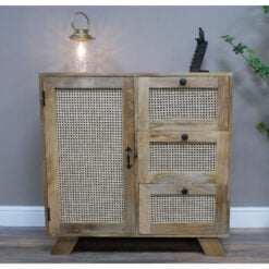 Boho Solid Acacia Wood And Natural Rattan 1 Door 3 Drawer Sideboard 90cm