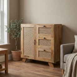 Boho Solid Acacia Wood And Natural Rattan 1 Door 3 Drawer Sideboard 90cm