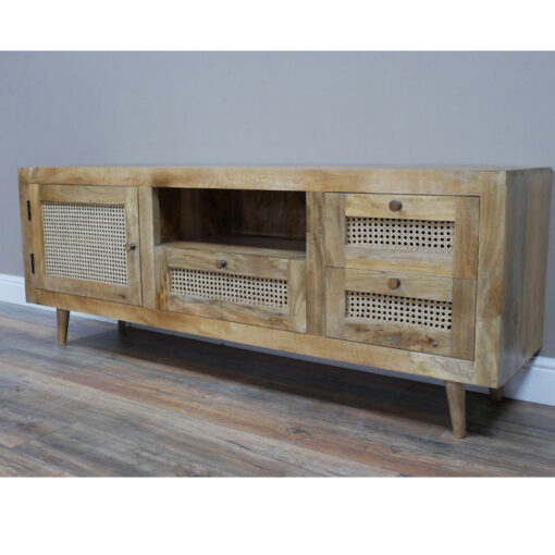 Boho Solid Acacia Wood And Natural Rattan 1 Door 3 Drawer TV Stand 160cm