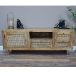 Boho Solid Acacia Wood And Natural Rattan 1 Door 3 Drawer TV Stand 160cm