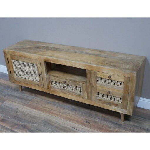 Boho Solid Acacia Wood And Natural Rattan 1 Door 3 Drawer TV Stand 160cm