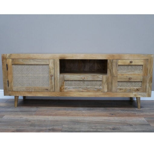 Boho Solid Acacia Wood And Natural Rattan 1 Door 3 Drawer TV Stand 160cm