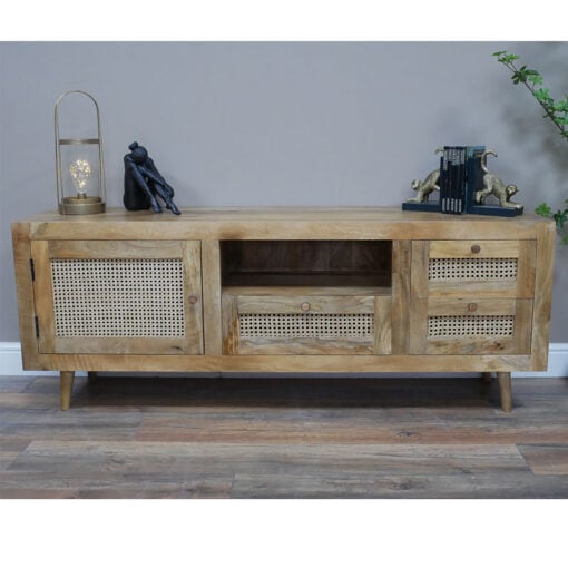 Boho Solid Acacia Wood And Natural Rattan 1 Door 3 Drawer TV Stand 160cm