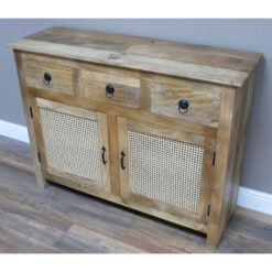 Boho Solid Acacia Wood And Natural Rattan 2 Door 3 Drawer Sideboard 120cm