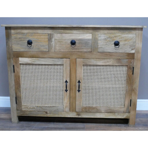 Boho Solid Acacia Wood And Natural Rattan 2 Door 3 Drawer Sideboard 120cm