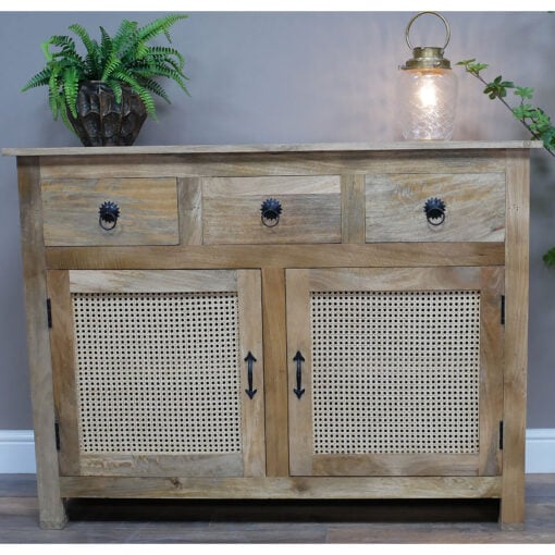 Boho Solid Acacia Wood And Natural Rattan 2 Door 3 Drawer Sideboard 120cm