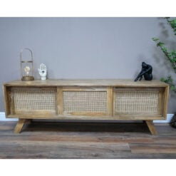 Boho Solid Acacia Wood And Natural Rattan 3 Door Large TV Stand 180cm