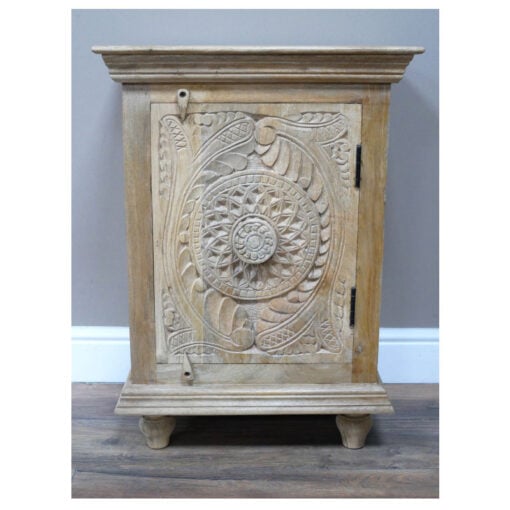 Boho Solid Light Mango Wood 1 Door Mandala Carved Bedside Cabinet 70cm