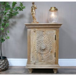 Boho Solid Light Mango Wood 1 Door Mandala Carved Bedside Cabinet 70cm