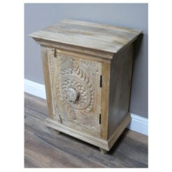 Boho Solid Light Mango Wood 1 Door Mandala Carved Bedside Cabinet 70cm