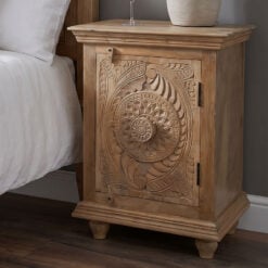 Boho Solid Light Mango Wood 1 Door Mandala Carved Bedside Cabinet 70cm