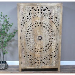 Boho Solid Light Mango Wood 2 Door Mandala Carved Wardrobe 180cm