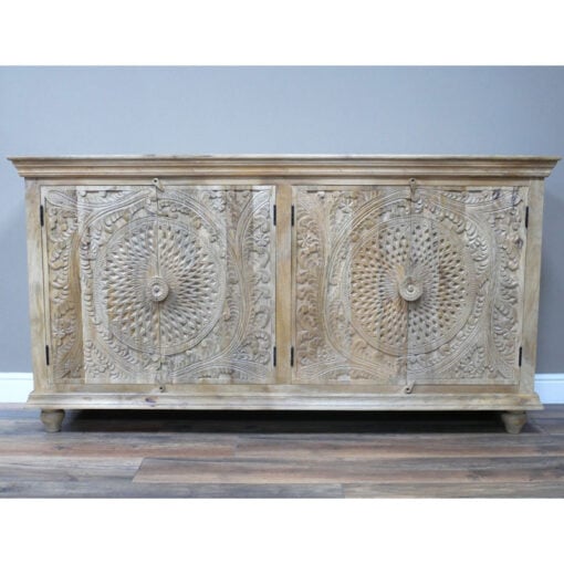 Boho Solid Light Mango Wood 4 Door Mandala Carved Large Sideboard 180cm