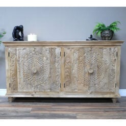 Boho Solid Light Mango Wood 4 Door Mandala Carved Large Sideboard 180cm