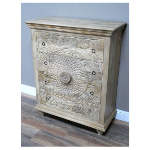 Boho Solid Light Mango Wood 4 Drawer Mandala Carved Chest Of Drawers 110cm