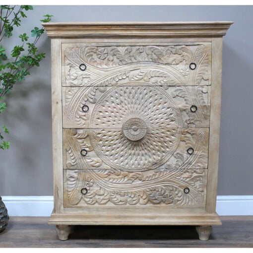 Boho Solid Light Mango Wood 4 Drawer Mandala Carved Chest Of Drawers 110cm