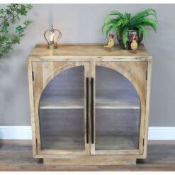 Boho Solid Mango Wood And Glass 2 Arched Doors Sideboard Cabinet 87cm