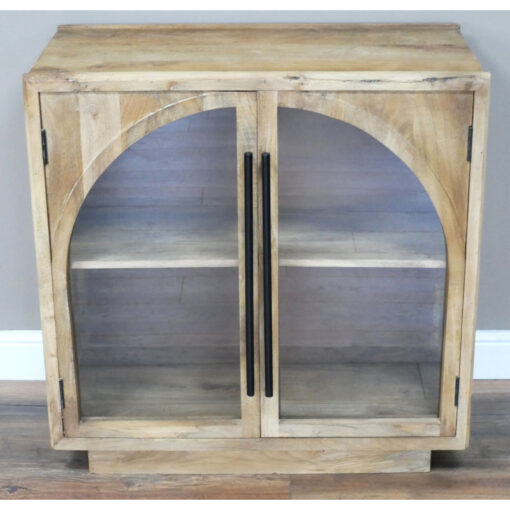 Boho Solid Mango Wood And Glass 2 Arched Doors Sideboard Cabinet 87cm