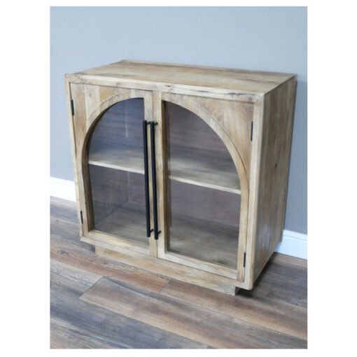 Boho Solid Mango Wood And Glass 2 Arched Doors Sideboard Cabinet 87cm