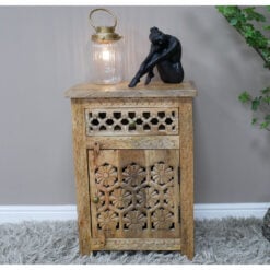 Boho Solid Mango Wood Carved 1 Door 1 Drawer Bedside Cabinet Table