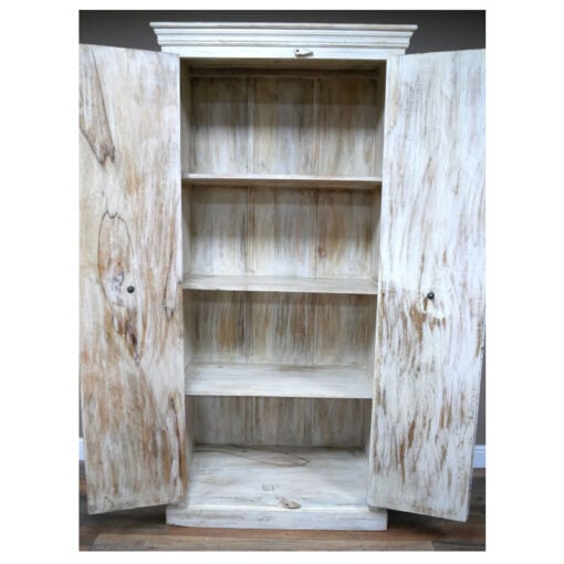 Boho Solid White Washed Mango Wood Tall 2 Door Storage Cabinet 200cm