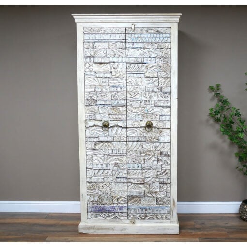 Boho Solid White Washed Mango Wood Tall 2 Door Storage Cabinet 200cm