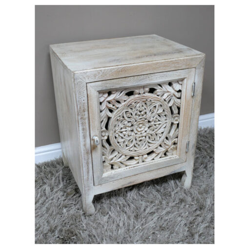 Boho White Washed Solid Mango Wood Carved 1 Door Bedside Cabinet Table