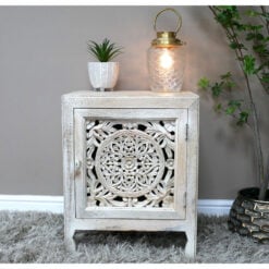 Boho White Washed Solid Mango Wood Carved 1 Door Bedside Cabinet Table