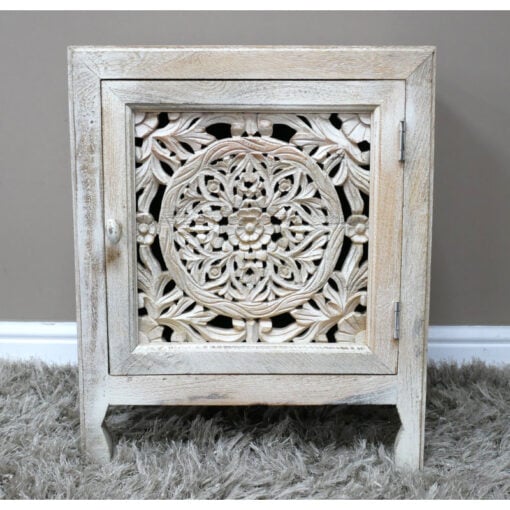 Boho White Washed Solid Mango Wood Carved 1 Door Bedside Cabinet Table