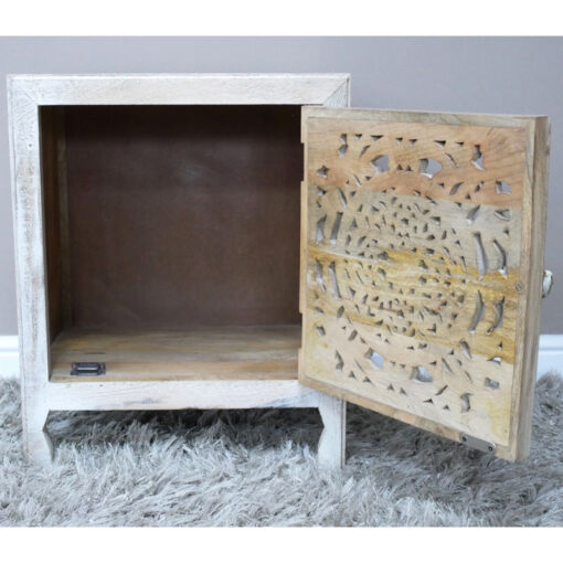 Boho White Washed Solid Mango Wood Carved 1 Door Bedside Cabinet Table