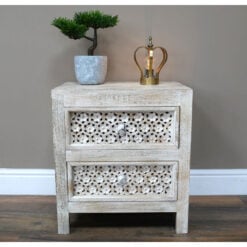 Boho White Washed Solid Mango Wood Carved Floral 2 Drawer Bedside Cabinet Table