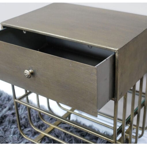 Industrial Antique Gold Metal And Glass 1 Drawer Bedside Cabinet Table