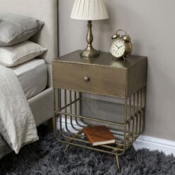 Industrial Antique Gold Metal And Glass 1 Drawer Bedside Cabinet Table