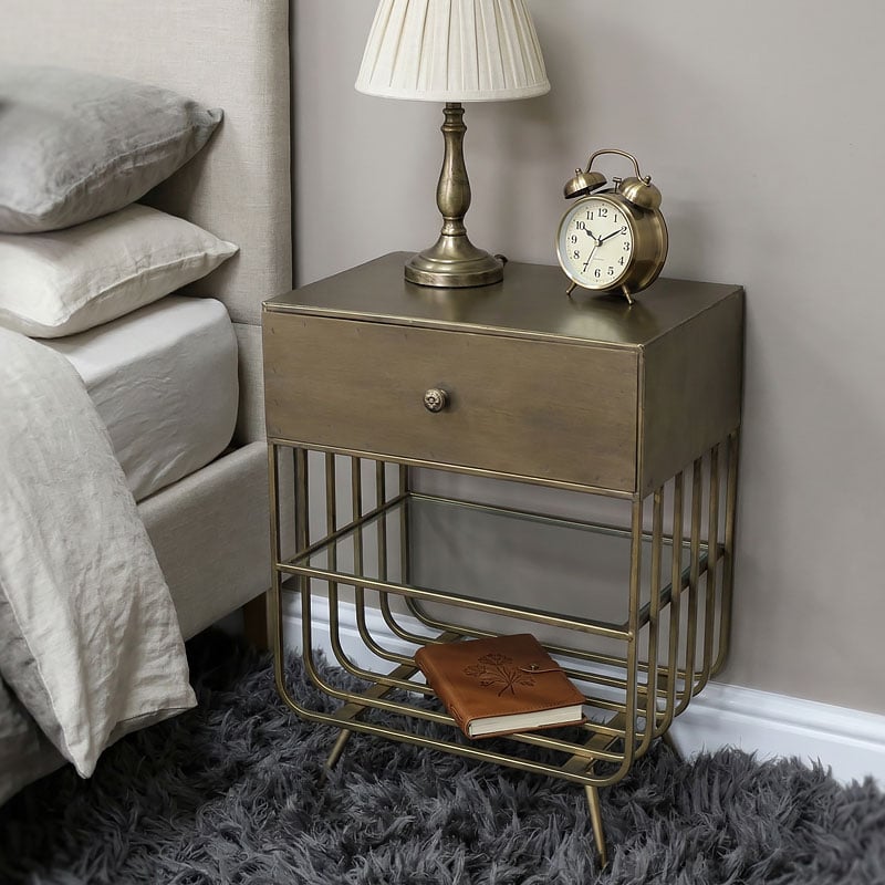 Industrial Antique Gold Metal And Glass 1 Drawer Bedside Cabinet Table Industrial Antique Gold Metal And Glass 1 Drawer Bedside Cabinet Table