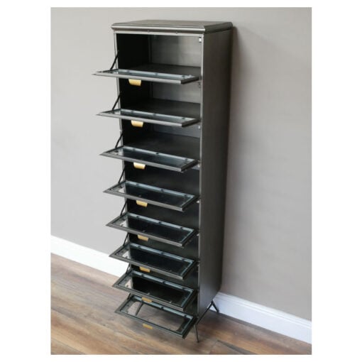 Industrial Antique Grey And Gold Metal Multi Drawer Tall Cabinet 144cm