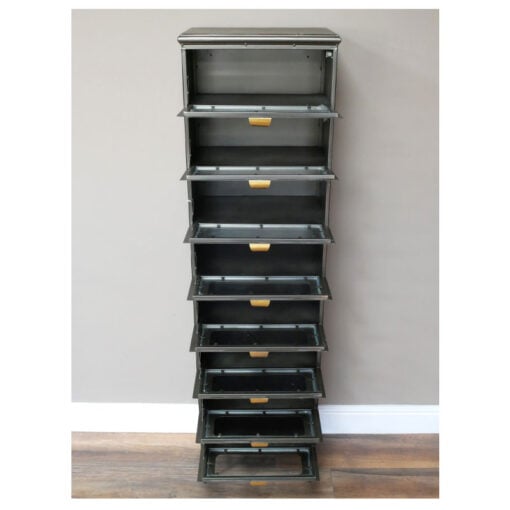 Industrial Antique Grey And Gold Metal Multi Drawer Tall Cabinet 144cm