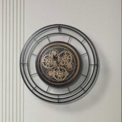 Industrial Black And Gold Metal Visible Moving Gears Round 3D Large Wall Clock 60cm