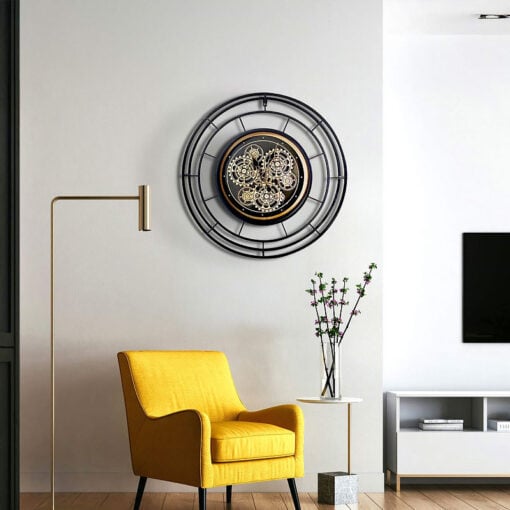 Industrial Black And Gold Metal Visible Moving Gears Round 3D Large Wall Clock 60cm